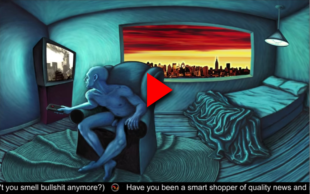 Animated video of man watching tv, as screen shows iconic images of the 20th century.