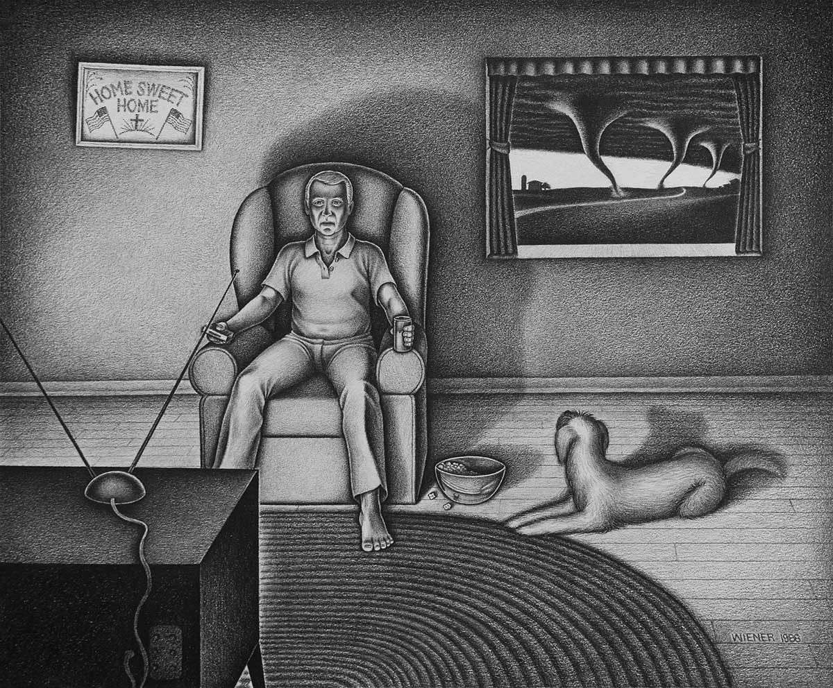 Pencil drawing of man watching TV with his dog, as tornadoes approach his home.